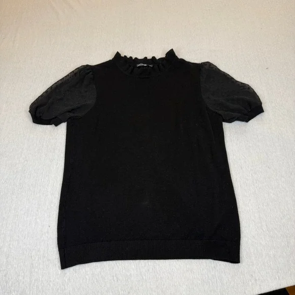 Adrianna Papell Black Mock Neck Puff Sleeve Sheer Dot Sweater Top Size S - Picture 1 of 5